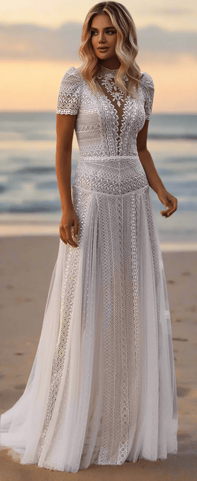 Casual Off White Lace Beach Boho Wedding Dress with Pearl Button Back - Lumina Brides