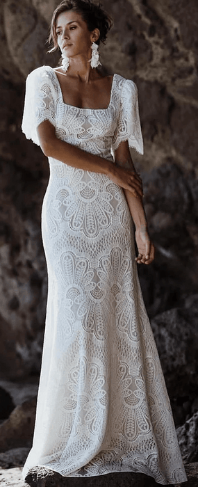 Casual Soft Lace Square Neck Wedding Dress with Ivory Satin Lining - Lumina Brides