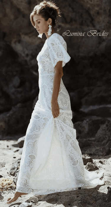 Casual Soft Lace Square Neck Wedding Dress with Ivory Satin Lining - Lumina Brides