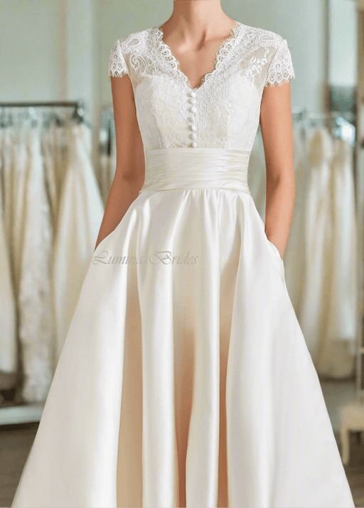 Casual Wedding or Ceremony Cream Satin Tea Dress with Pockets - Lumina Brides