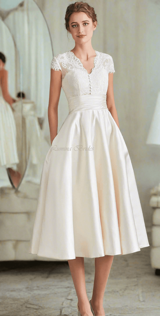 Casual Wedding or Ceremony Cream Satin Tea Dress with Pockets - Lumina Brides