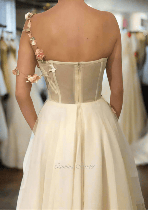 Champagne Ivory Chiffon Flower Boho Wedding or Ceremony Dress - Lumina Brides