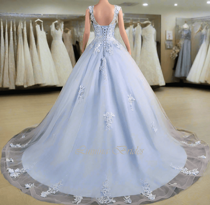 Cinderella Sky Blue & White Lace Wedding Dress with Corset Tie Back - Lumina Brides