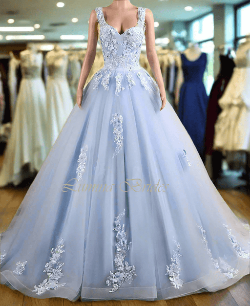 Cinderella Sky Blue & White Lace Wedding Dress with Corset Tie Back - Lumina Brides