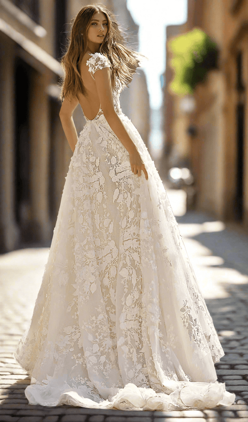 Classic Berta Flower Lace White Boho Wedding Dress with Open Back - Lumina Brides