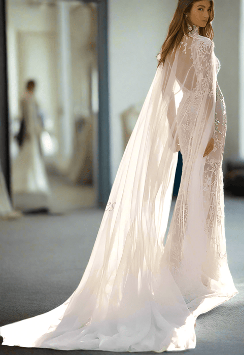 Crystal Lace Sheer Ivory White Wedding Dress with Detachable Cape - Lumina Brides