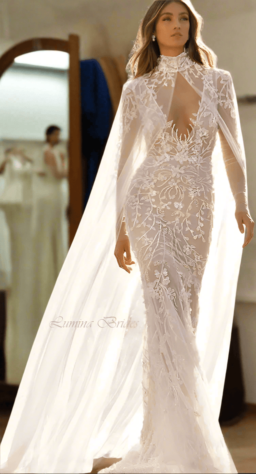 Crystal Lace Sheer Ivory White Wedding Dress with Detachable Cape - Lumina Brides