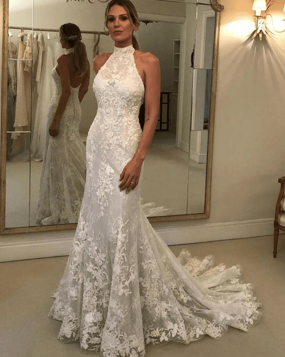 Dark Ivory Halter Neck Backless Mermaid Wedding Dress - Lumina Brides