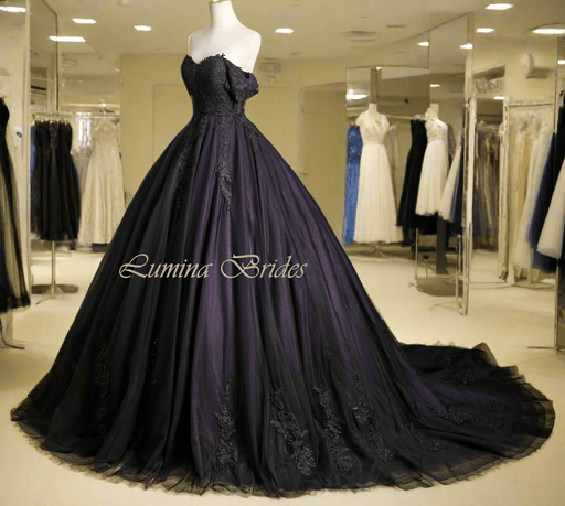 Dark Purple & Black Ball Gown Gothic Ceremony or Prom Dress with Corset - Lumina Brides