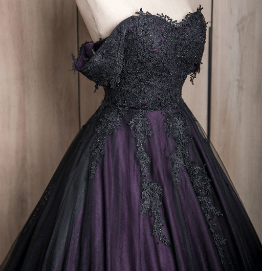 Dark Purple & Black Ball Gown Gothic Ceremony or Prom Dress with Corset - Lumina Brides