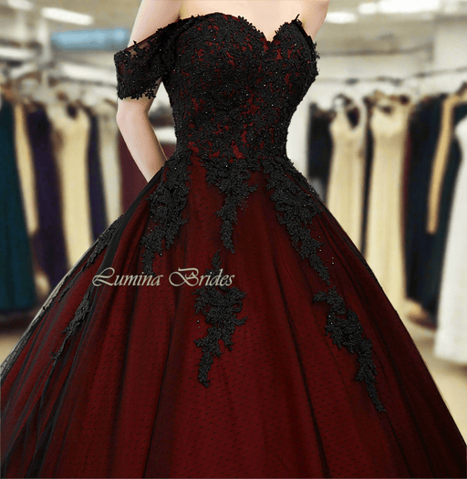 Dark Wine Red & Black Gothic Deluxe Wedding Dress Ballgown - Lumina Brides