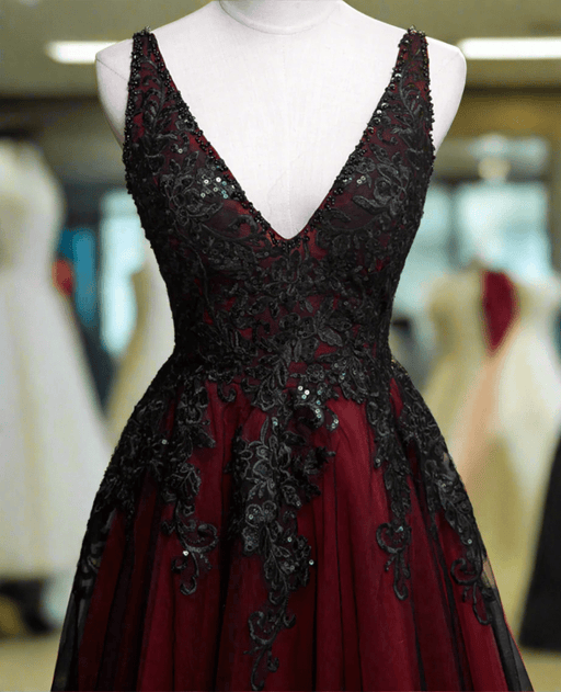 Deep Red & Black Gothic Beaded Lace Dress with Corset or Zip Back - Lumina Brides