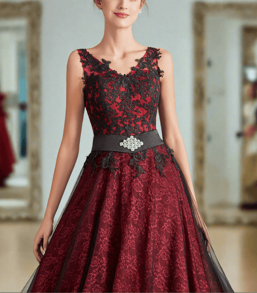 Deep Red & Black Lace A Line Wedding or Prom Dress with Back Bow - Lumina Brides