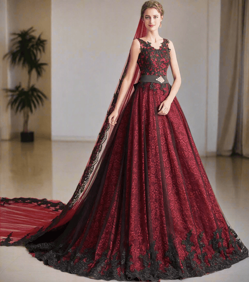 Deep Red & Black Lace A Line Wedding or Prom Dress with Back Bow - Lumina Brides