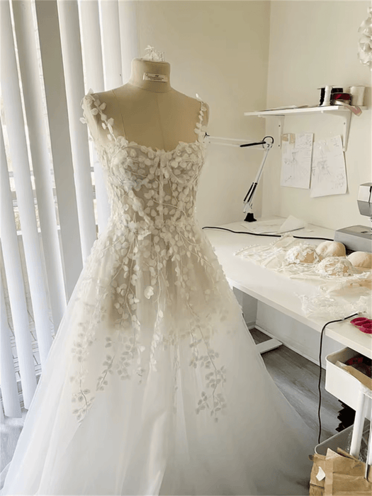 Delicate 3D Flower Lace Sheer Wedding Dress with Corset - Lumina Brides