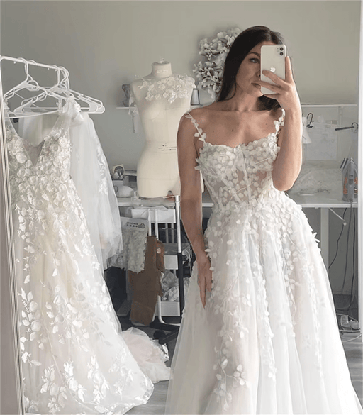 Delicate 3D Flower Lace Sheer Wedding Dress with Corset - Lumina Brides