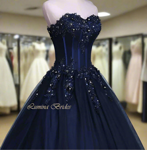 Deluxe Navy Blue Beaded Wedding or Prom Gown with Corset Back - Lumina Brides