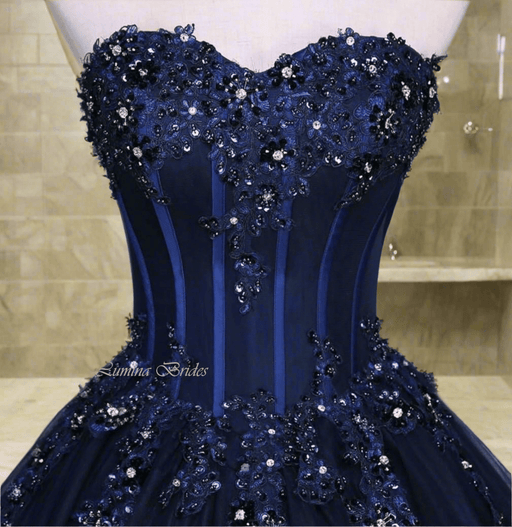 Deluxe Navy Blue Beaded Wedding or Prom Gown with Corset Back - Lumina Brides