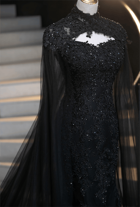 Elegant Black Stretch Satin Beaded Gothic Gown with Detachable Cape - Lumina Brides