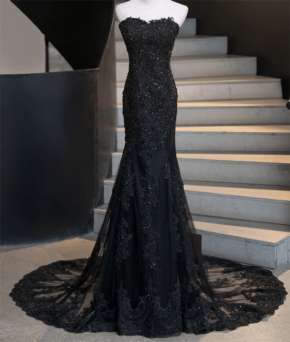 Elegant Black Stretch Satin Beaded Gothic Gown with Detachable Cape - Lumina Brides