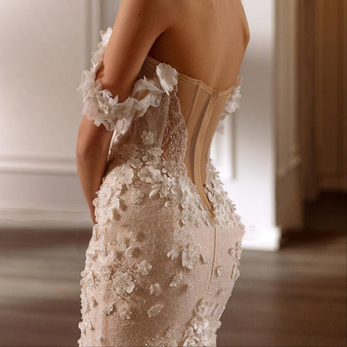 Elegant Dark Ivory Mermaid Wedding Dress with 3D Flowers - Lumina Brides