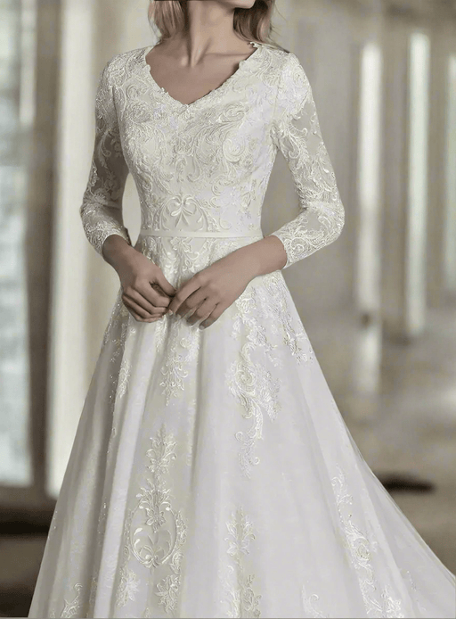 Elegant Modest Classic Wedding Dress with Ivory Crystal Lace - Lumina Brides