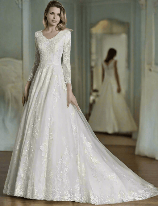 Elegant Modest Classic Wedding Dress with Ivory Crystal Lace - Lumina Brides