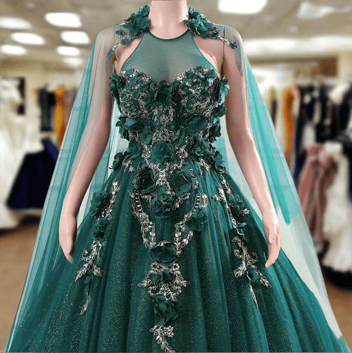 Emerald Green Jewelled Wedding or Event Dress with Detachable Cape - Lumina Brides