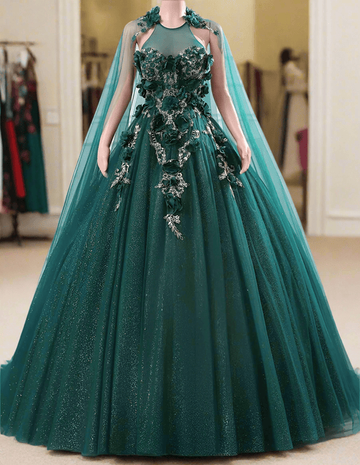 Emerald Green Jewelled Wedding or Event Dress with Detachable Cape - Lumina Brides