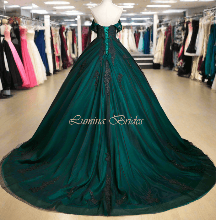 Enchanting Emerald Green & Black Gothic Gown with Corset - Lumina Brides