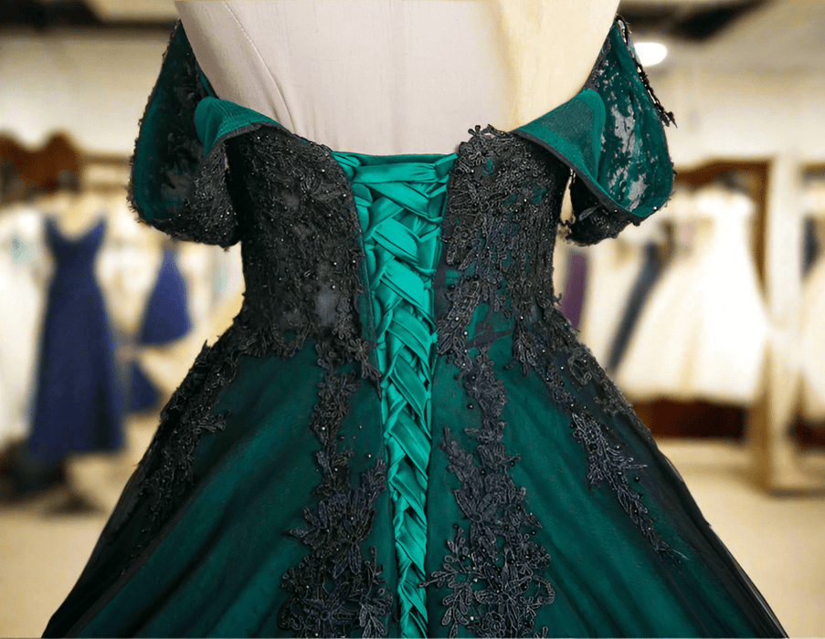 Enchanting Emerald Green & Black Gothic Gown with Corset - Lumina Brides