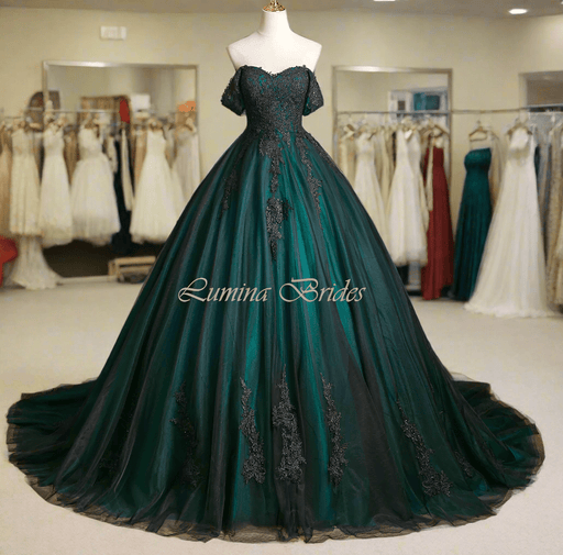 Enchanting Emerald Green & Black Gothic Gown with Corset - Lumina Brides