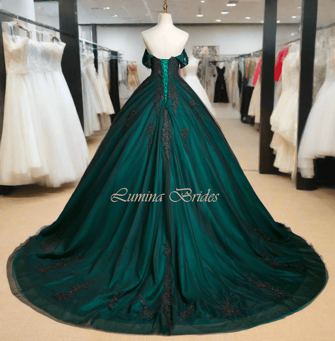 Enchanting Emerald Green & Black Gothic Gown with Corset - Lumina Brides