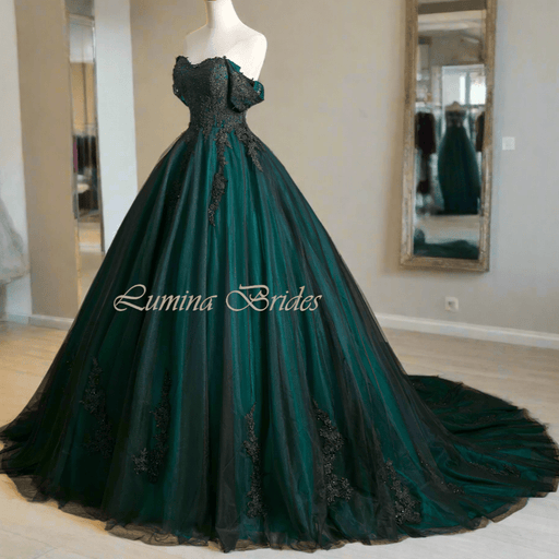 Enchanting Emerald Green & Black Gothic Gown with Corset - Lumina Brides