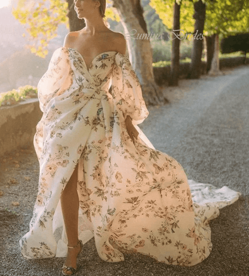 Floaty Bohemian Floral Wedding Dress with Off Shoulder Sleeves - Lumina Brides