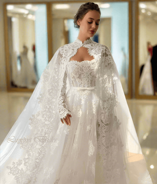 Floral Lace White Boho Wedding Dress with Detachable Cape - Lumina Brides