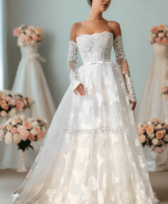 Floral Lace White Boho Wedding Dress with Detachable Cape - Lumina Brides