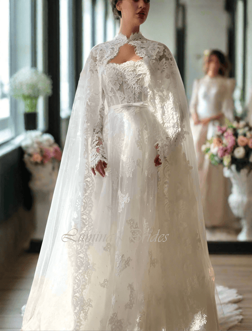 Floral Lace White Boho Wedding Dress with Detachable Cape - Lumina Brides