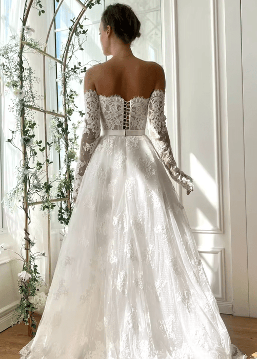 Floral Lace White Boho Wedding Dress with Detachable Cape - Lumina Brides