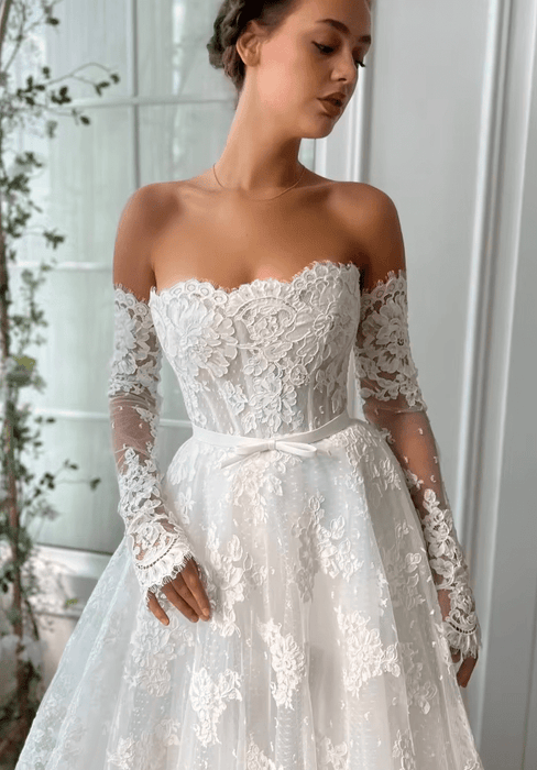 Floral Lace White Boho Wedding Dress with Detachable Cape - Lumina Brides