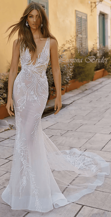 Gorgeous Berta Style White Mermaid Wedding Dress with Sheer Blouse - Lumina Brides