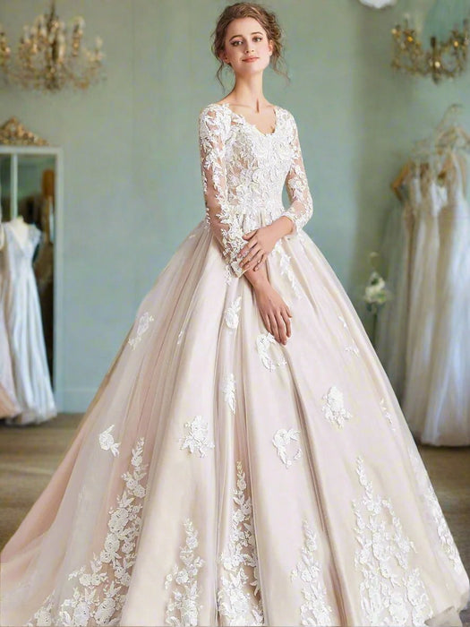 Gorgeous Champagne & Ivory Satin Ball Gown Wedding Dress - Lumina Brides