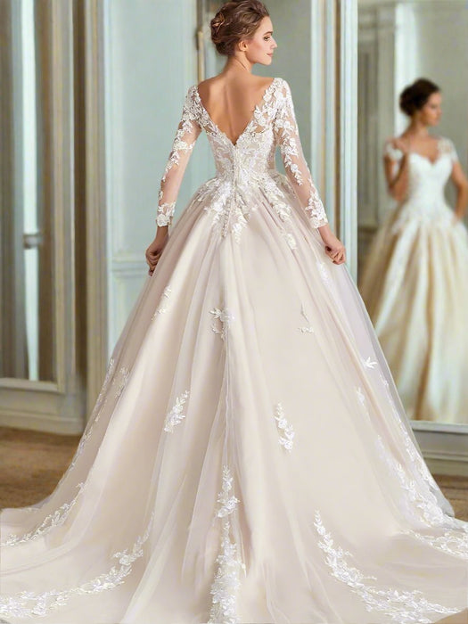 Gorgeous Champagne & Ivory Satin Ball Gown Wedding Dress - Lumina Brides