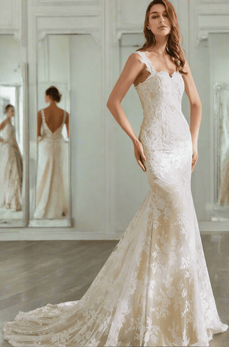 Gorgeous Ivory Lace Champagne Satin Mermaid Wedding Dress - Lumina Brides