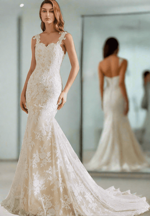 Gorgeous Ivory Lace Champagne Satin Mermaid Wedding Dress - Lumina Brides