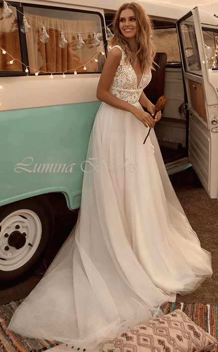 Ivory Chiffon Casual Minimalist Wedding or Ceremony Boho Dress - Lumina Brides