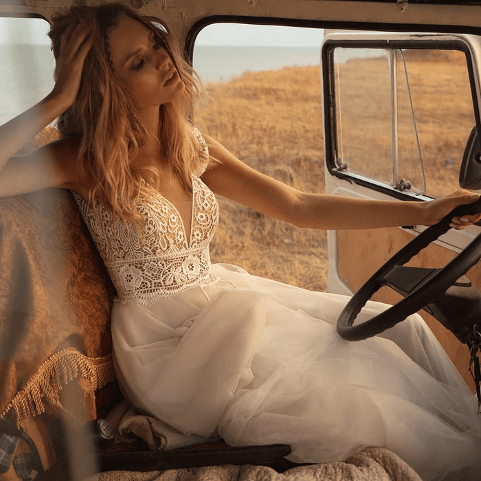 Ivory Chiffon Casual Minimalist Wedding or Ceremony Boho Dress - Lumina Brides