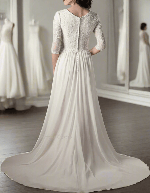 Ivory Modest Classic Long Sleeve Wedding Dress with Button Back - Lumina Brides