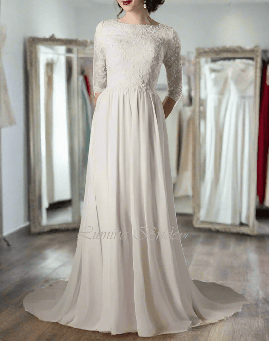 Ivory Modest Classic Long Sleeve Wedding Dress with Button Back - Lumina Brides