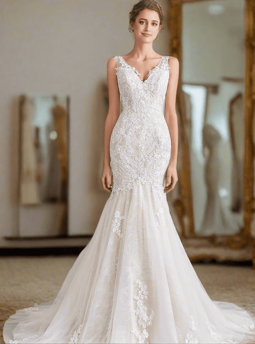 Ivory Stretch Satin & Lace Mermaid Wedding Dress with Sheer Button Back - Lumina Brides